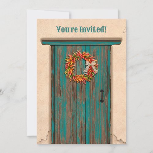 Southwest Chile Wreath Rustic Blue Door Holiday Invitation