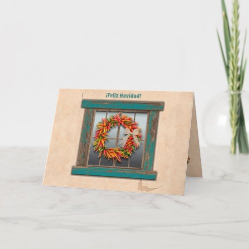 Southwest Chile Wreath Rustic Blue Window Holiday Card