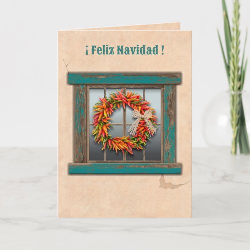Southwest Chile Wreath Rustic Blue Window Holiday Card