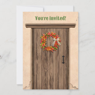 Southwest Chile Wreath Rustic Door Flat Holiday Invitation