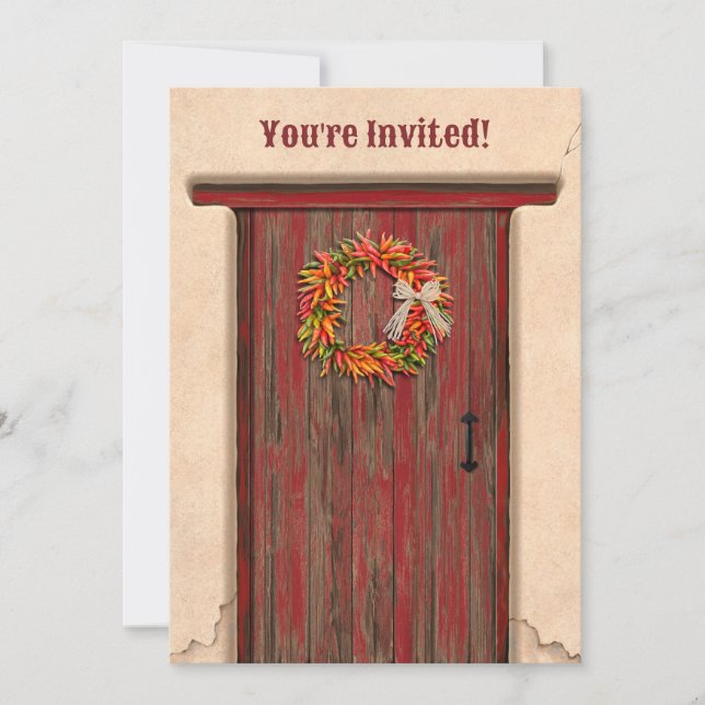 Southwest Chile Wreath Rustic Red Door Holiday Invitation (Front)