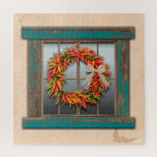 Southwest Chile Wreath Weathered Blue Wood Window Jigsaw Puzzle