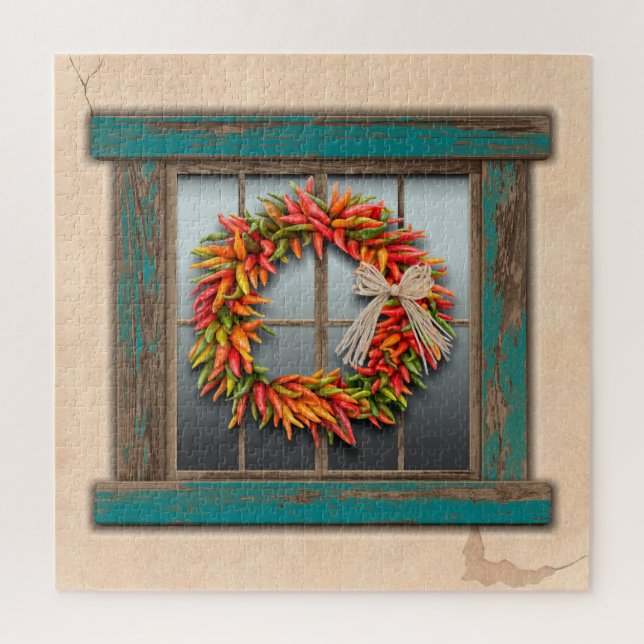 Southwest Chile Wreath Weathered Blue Wood Window Jigsaw Puzzle (Vertical)