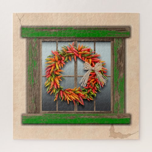 Southwest Chile Wreath Weathered Green Wood Window Jigsaw Puzzle