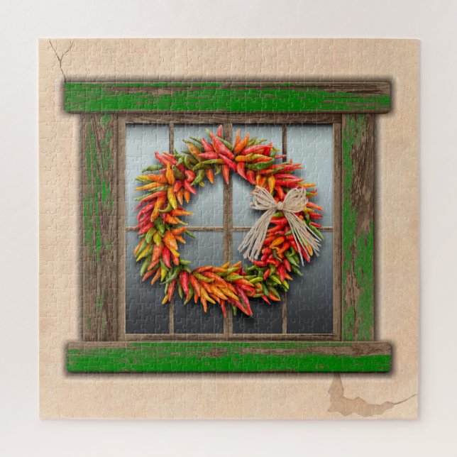 Southwest Chile Wreath Weathered Green Wood Window Jigsaw Puzzle (Vertical)