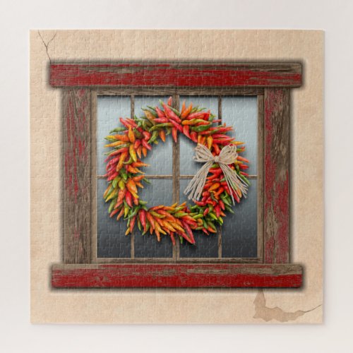 Southwest Chile Wreath Weathered Red Wood Window Jigsaw Puzzle