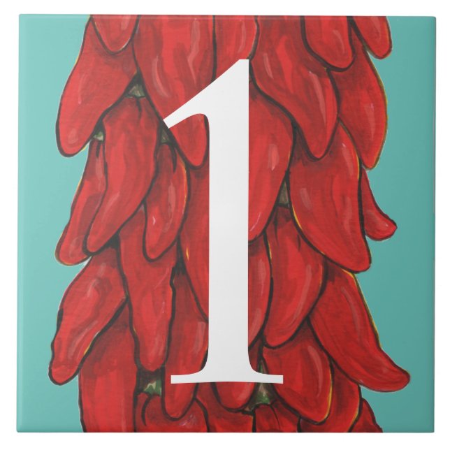 Southwest Chili Pepper House Numeral 1 Turquoise Ceramic Tile (Front)