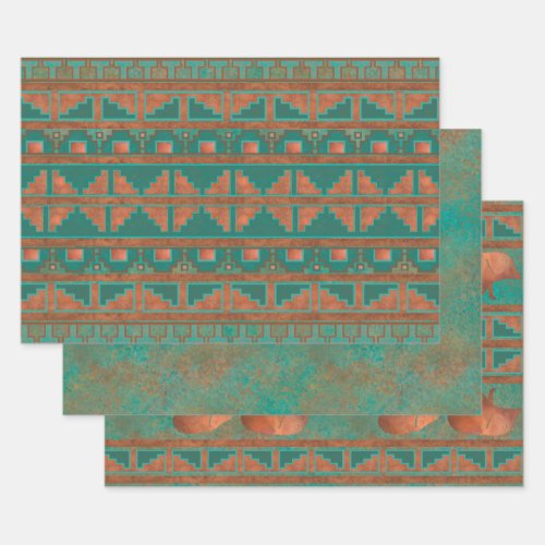 Southwest Copper Teal Geometric Pattern Wrapping Paper Sheets