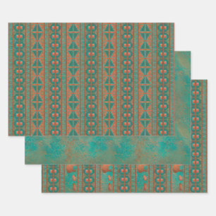 Southwest Copper Teal Javelina Geometric Pattern Wrapping Paper Sheets