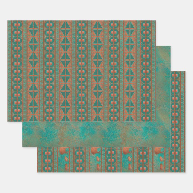 Southwest Copper Teal Javelina Geometric Pattern Wrapping Paper Sheets (Set)
