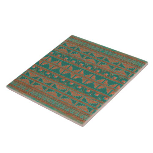 Southwest Copper Verdigris Geometric Pattern Ceramic Tile