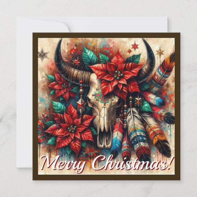 Southwest Cow Skull Poinsettias Desertcore Holiday Card (Front)