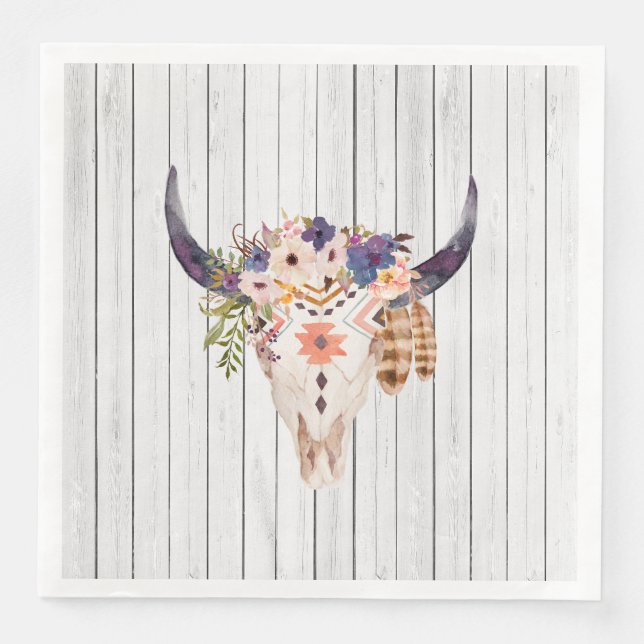 Southwest Cow Skull Tribal Markings and Flowers Paper Dinner Napkins (Front)