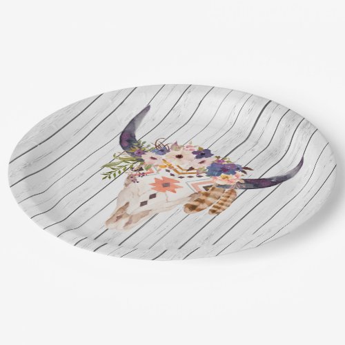 Southwest Cow Skull Tribal Markings and Flowers Paper Plates