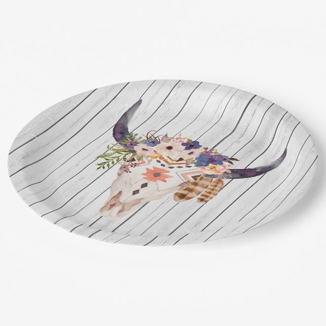 Southwest Cow Skull Tribal Markings and Flowers Paper Plates (Angled)