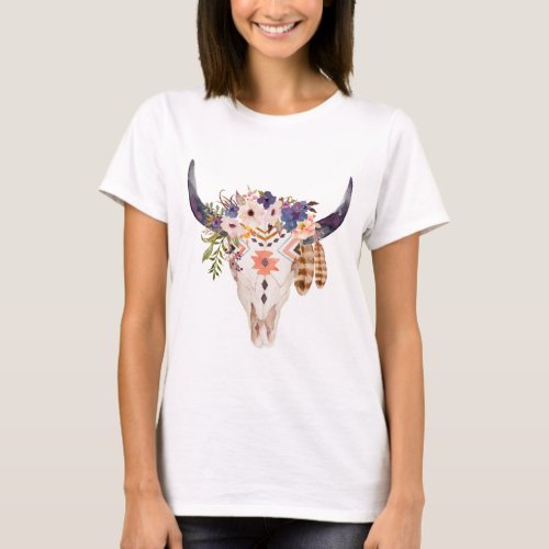 Southwest Cow Skull Tribal Markings and Flowers T_Shirt