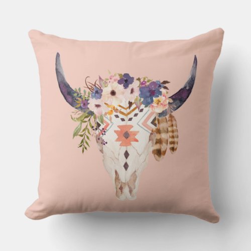 Southwest Cow Skull Tribal Markings and Flowers Throw Pillow