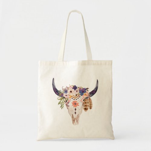 Southwest Cow Skull Tribal Markings and Flowers Tote Bag