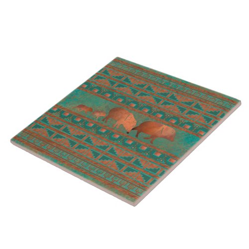 Southwest Cute Copper Teal Color Javelina Family Ceramic Tile