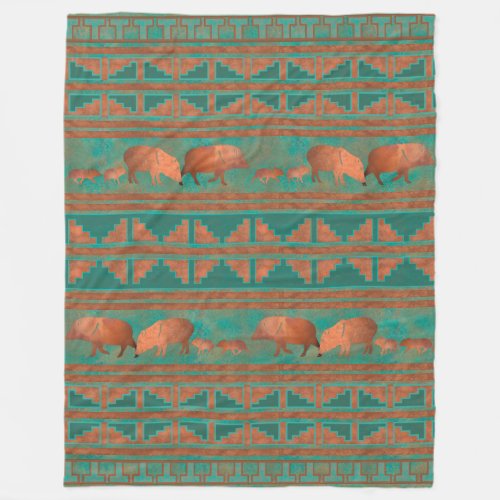 Southwest Cute Copper Teal Color Javelina Family Fleece Blanket