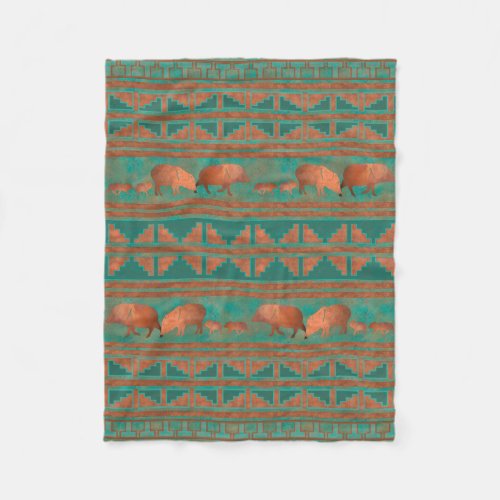 Southwest Cute Copper Teal Color Javelina Family Fleece Blanket