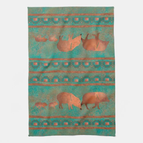 Southwest Cute Copper Teal Color Javelina Family Kitchen Towel