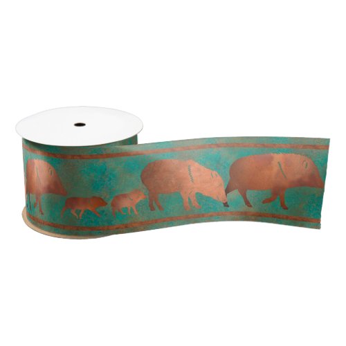 Southwest Cute Copper Teal Color Javelina Family Satin Ribbon
