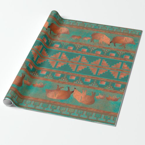 Southwest Cute Copper Teal Color Javelina Family Wrapping Paper