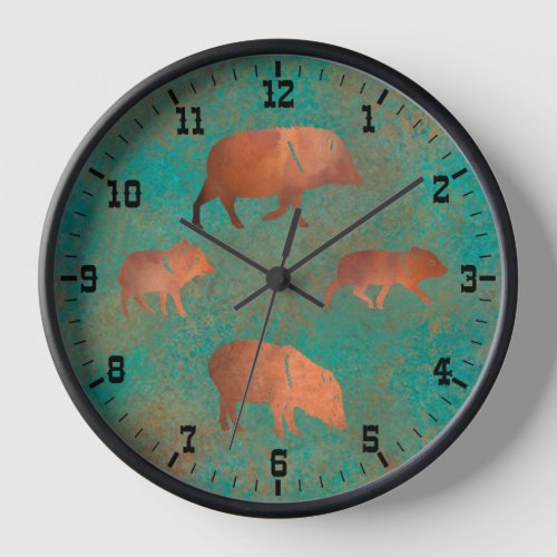 Southwest Cute Copper Teal Javelina Family Framed  Clock
