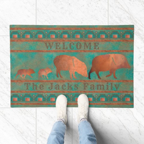 Southwest Cute Customizable Copper Javelina Family Doormat