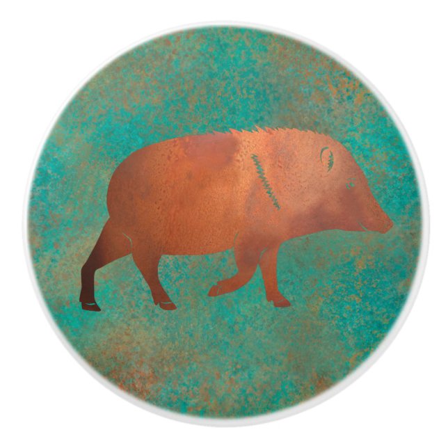 Southwest Cute Javelina Daddy Copper Teal Ceramic Knob (Front)