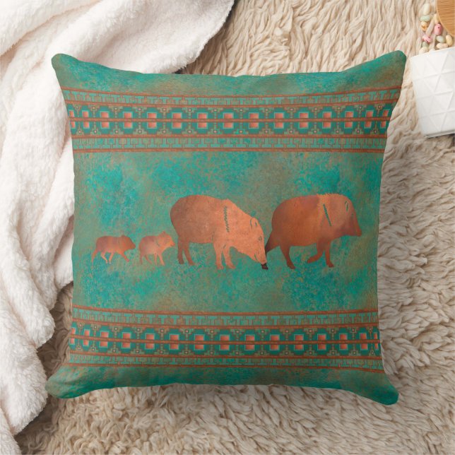Southwest Cute Javelina Family Copper Teal 20in Throw Pillow (Blanket)