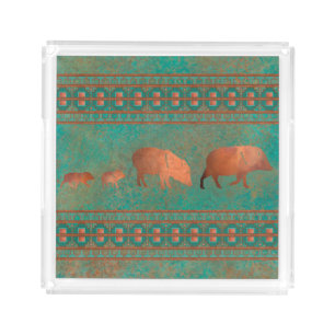 Southwest Cute Javelina Family Copper Teal  Acrylic Tray