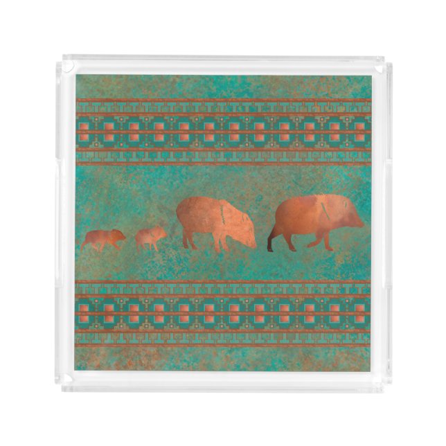 Southwest Cute Javelina Family Copper Teal  Acrylic Tray (Front)