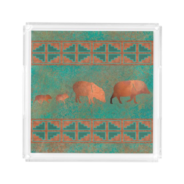 Southwest Cute Javelina Family Copper Teal  Acrylic Tray (Front)