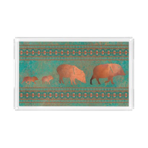 Southwest Cute Javelina Family Copper Teal  Acrylic Tray