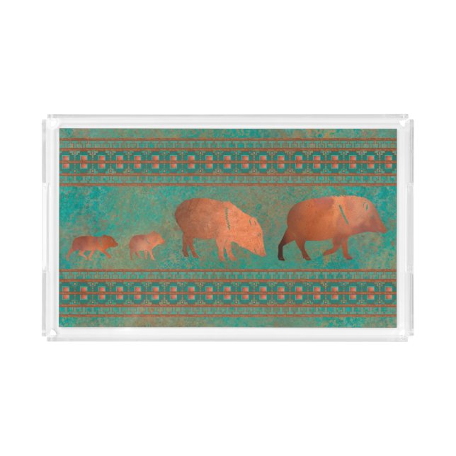 Southwest Cute Javelina Family Copper Teal  Acrylic Tray (Front)