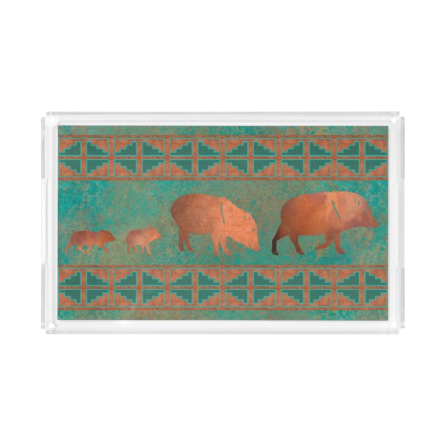 Southwest Cute Javelina Family Copper Teal  Acrylic Tray (Front)