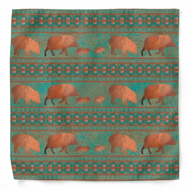 Southwest Cute Javelina Family Copper Teal Bandana (Front)