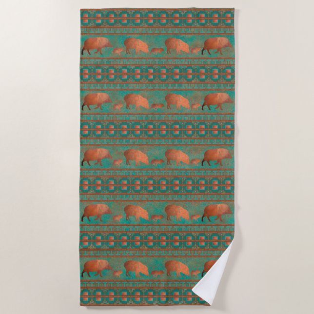 Southwest Cute Javelina Family Copper Teal Beach Towel (Front)