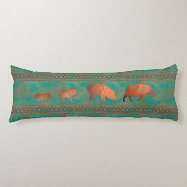 Southwest Cute Javelina Family Copper Teal  Body Pillow (Front)