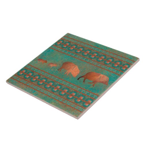 Southwest Cute Javelina Family Copper Teal Ceramic Tile