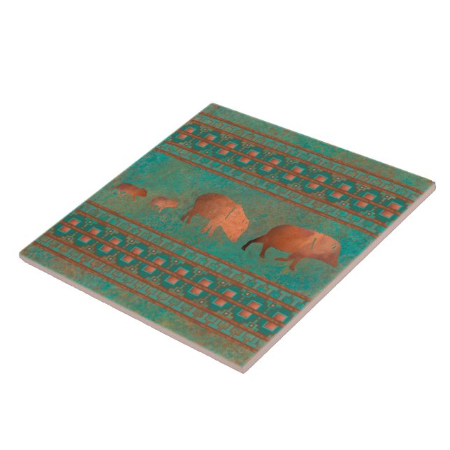 Southwest Cute Javelina Family Copper Teal Ceramic Tile (Side)