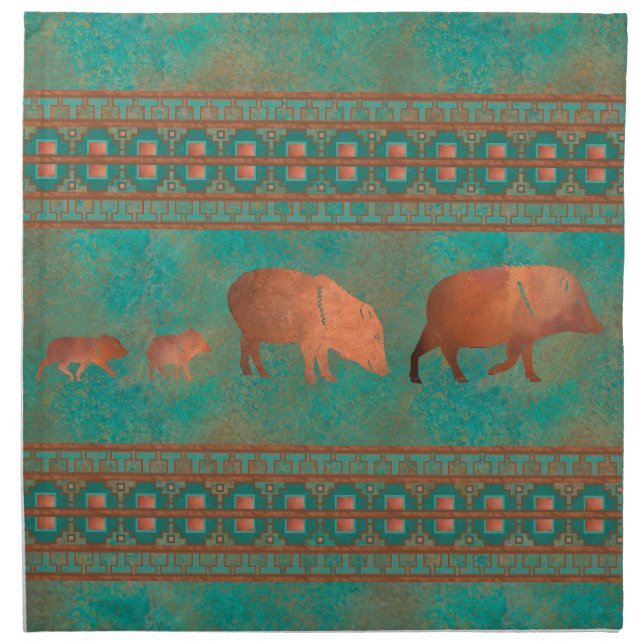 Southwest Cute Javelina Family Copper Teal Cloth Napkin (Front)