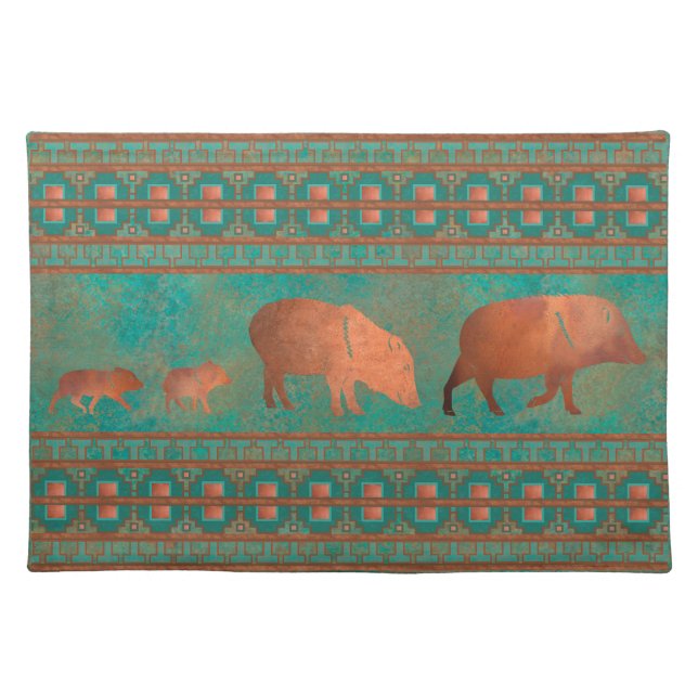 Southwest Cute Javelina Family Copper Teal Cloth Placemat (Front)