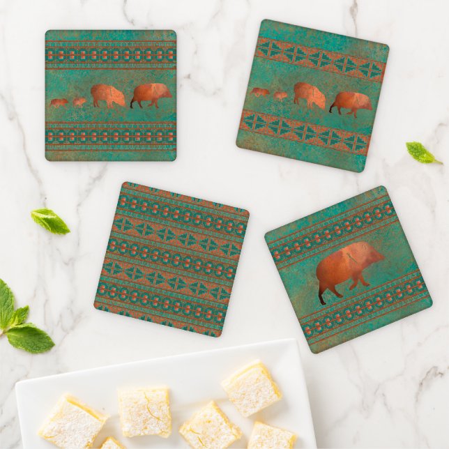 Southwest Cute Javelina Family Copper Teal Coaster Set (In Situ)