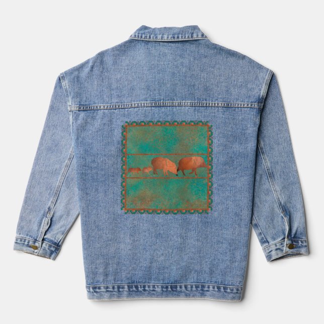 Southwest Cute Javelina Family Copper Teal Colors Denim Jacket (Back)