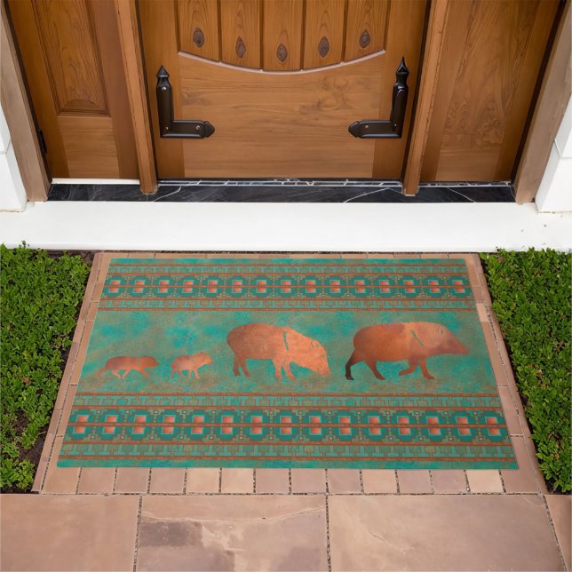 Southwest Cute Javelina Family Copper Teal Doormat (Outdoor)