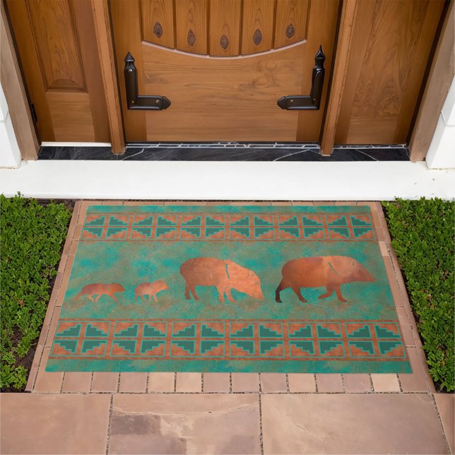 Southwest Cute Javelina Family Copper Teal Doormat (Outdoor)