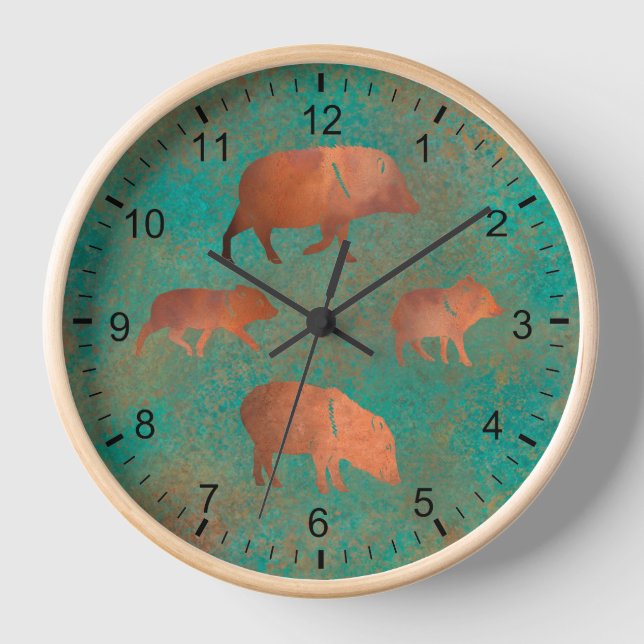 Southwest Cute Javelina Family Copper Teal Framed Clock (Front)
